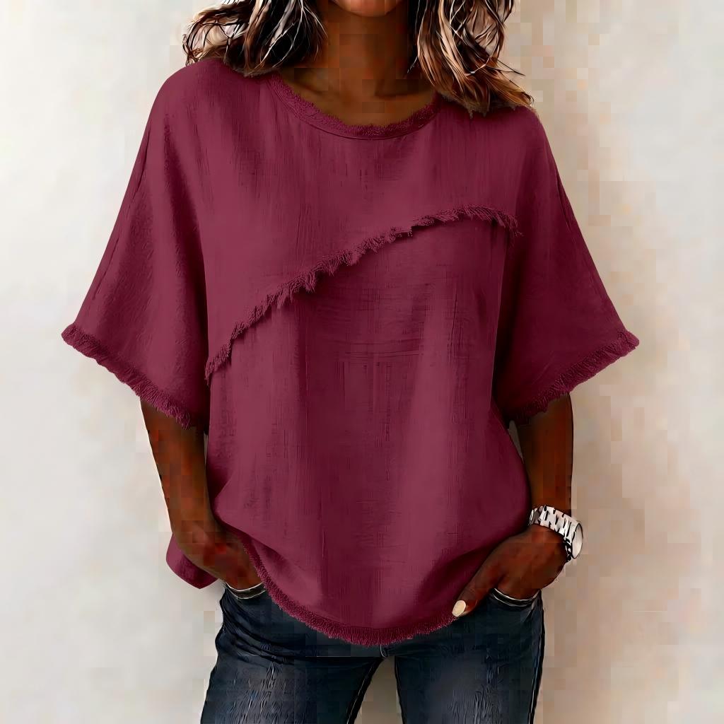 Women's Casual Linen Blend Blouse with Asymmetric Fringe Trim