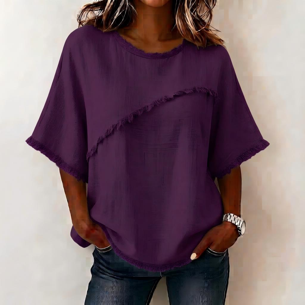 Women's Casual Linen Blend Blouse with Asymmetric Fringe Trim