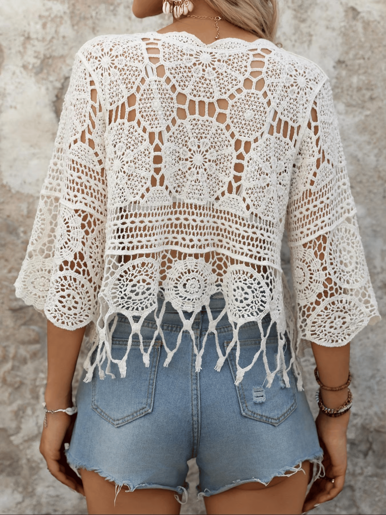Women's Plain Fringe Trim Cut Out Sheer Cover Up, Boho Scallop Trim 3/4 Sleeve Round Neck Cover Up for Beach Vacation, Ladies Spring & Fall Clothes