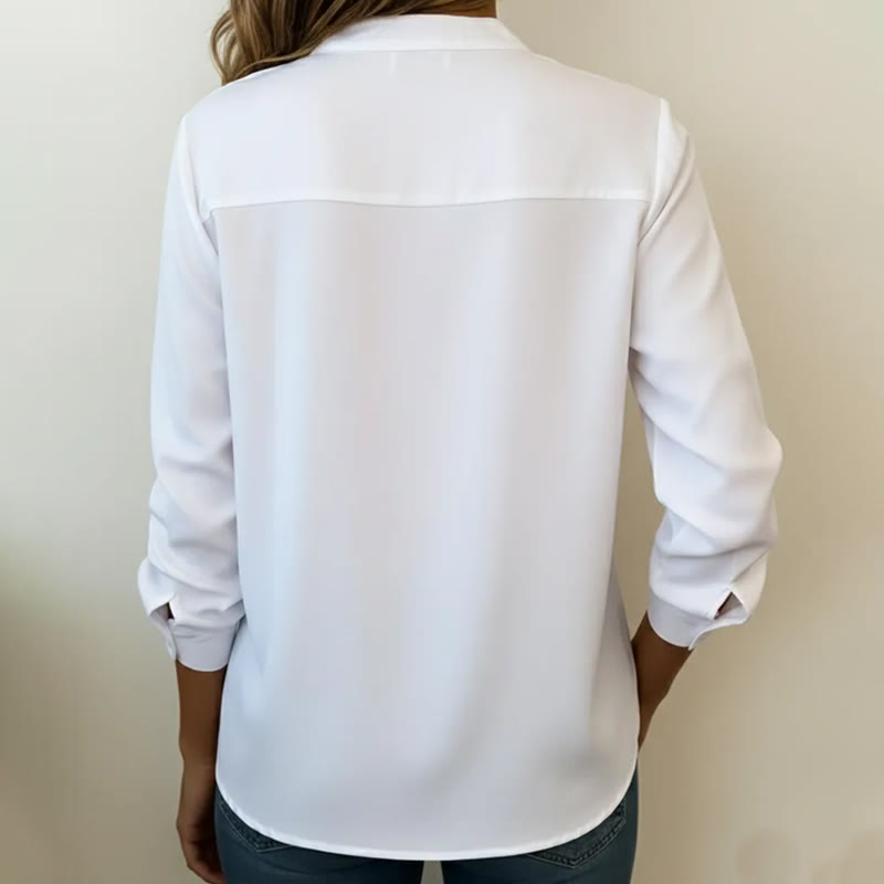 Elegant Solid Notch-collar Long-sleeve Blouse