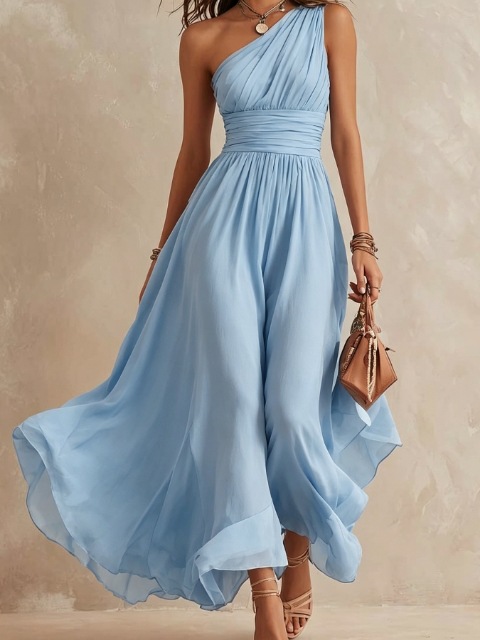 Elegant One-Shoulder Chiffon Maxi Dress – High-Waist Slim Fit Double-Layered Evening Dress