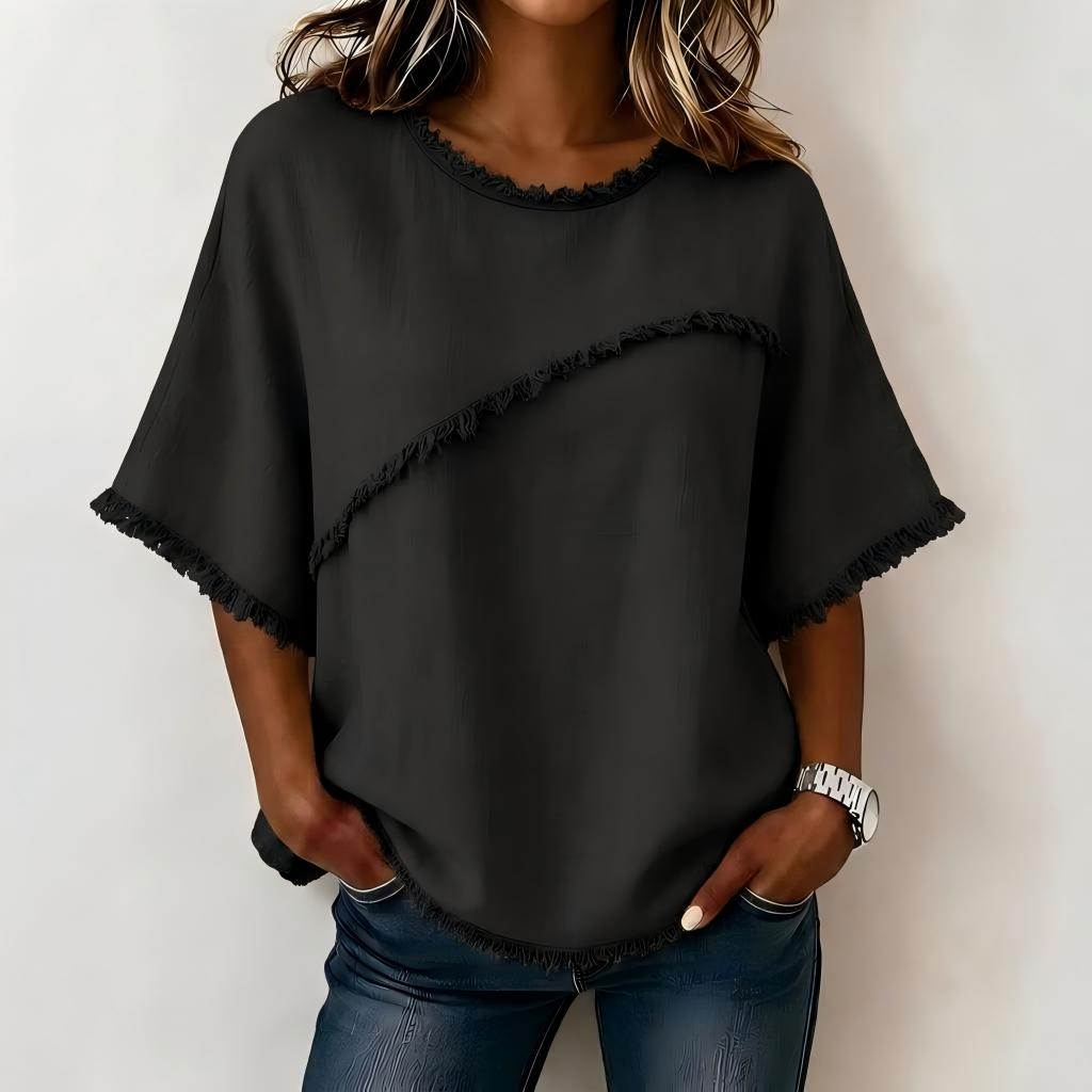 Women's Casual Linen Blend Blouse with Asymmetric Fringe Trim