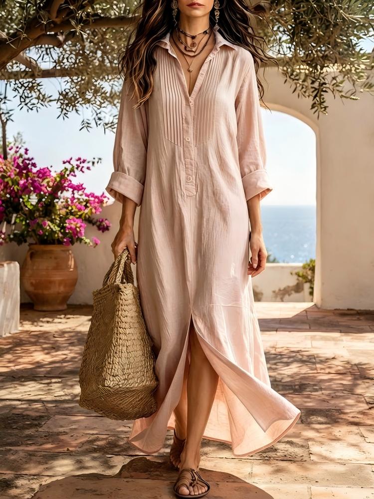 Effortless Chic: Women's Pure Cotton Pintuck Shirt Maxi Dress