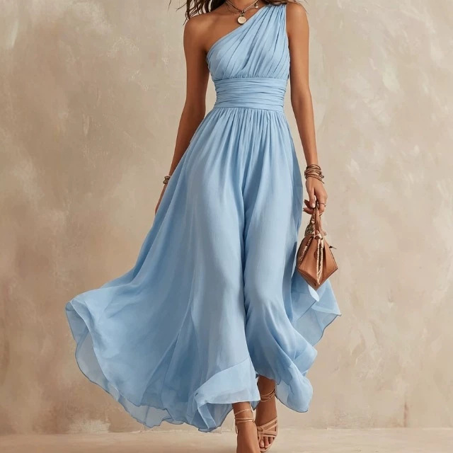 Elegant One-Shoulder Chiffon Maxi Dress – High-Waist Slim Fit Double-Layered Evening Dress