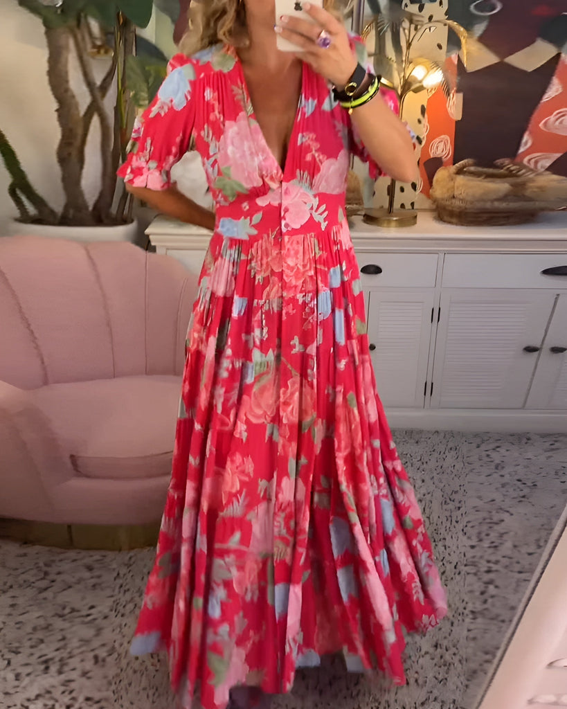 Carine | Floral Dress with V-neck and Pockets