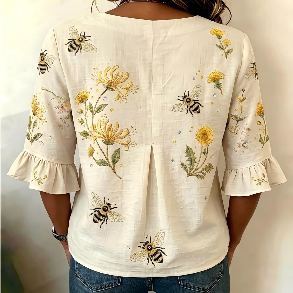 🔥Last Day 50% OFF 🌸🌿 Elegant Linen Bee & Dandelion Embroidered Blouse (✨2026 Limited Edition)