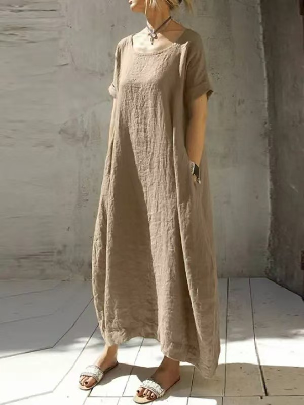 2026 Amazon Foreign Trade Cotton And Linen Women'S Loose Large Size Solid Color Round Neck Short-Sleeved Waist Belt Slit Dress