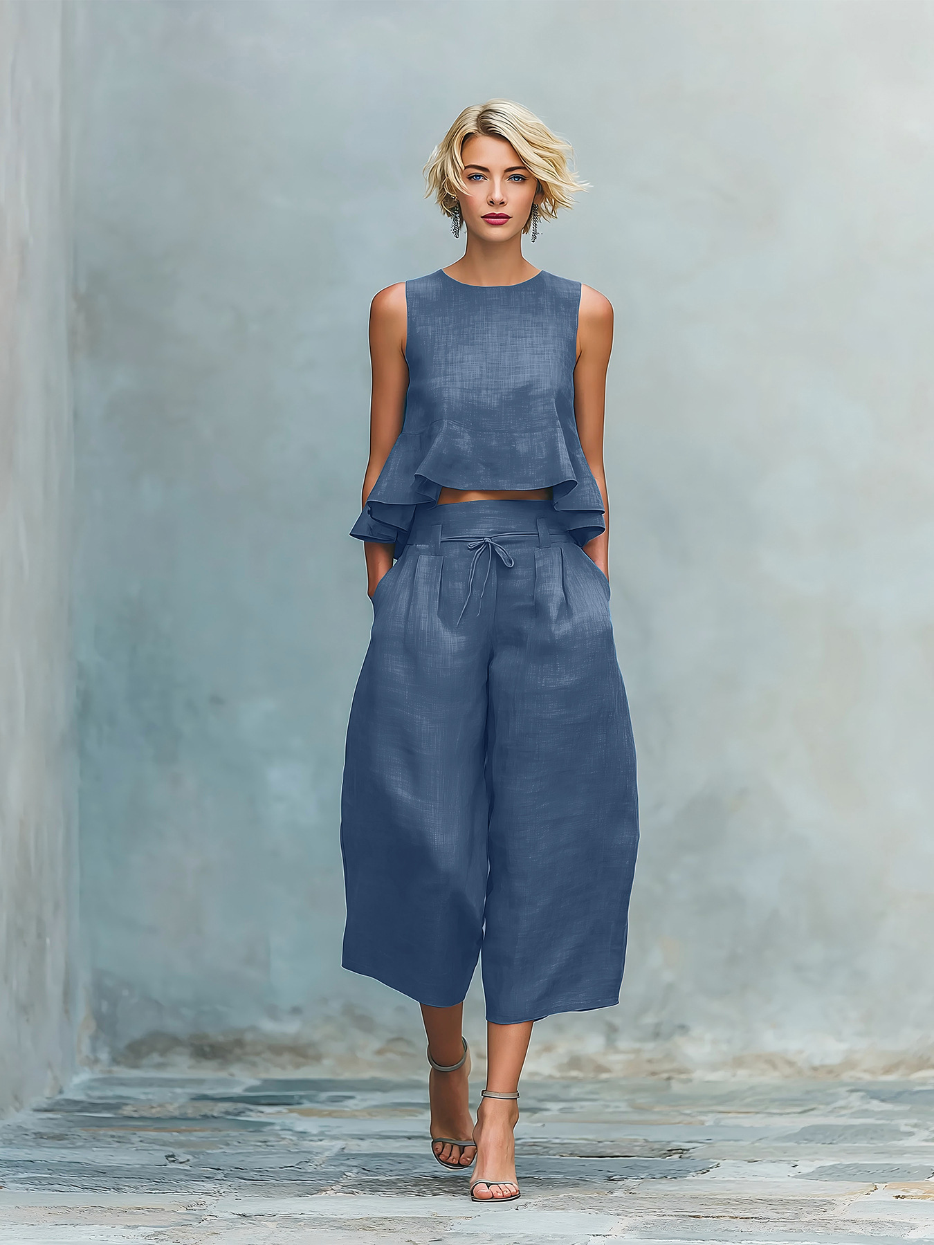 2026 Spot New European And American Cross-Border Summer Independent Station Women'S Linen Blended Two-Piece Set, Including Ruffles