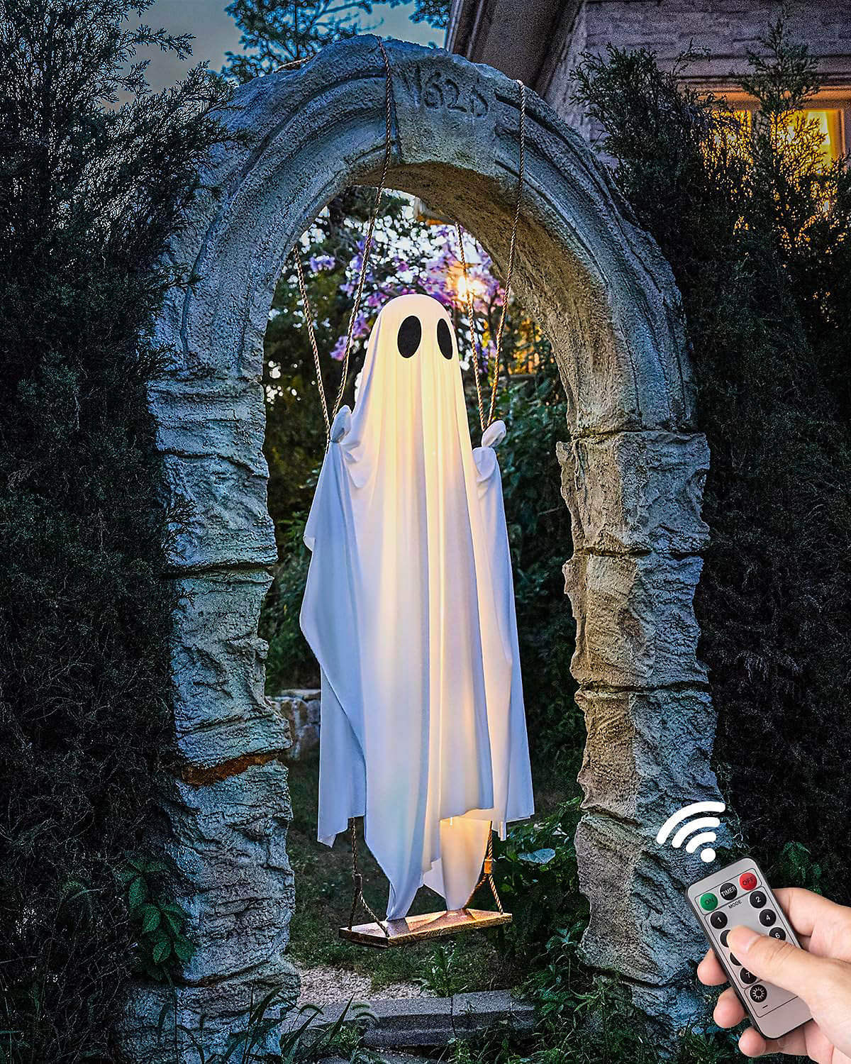 LinkCute 5FT Giant Hanging Swing Ghost Halloween Decoration with 8-Mode LED Lights & Adjustable Rope for Outdoor Porch & Garden