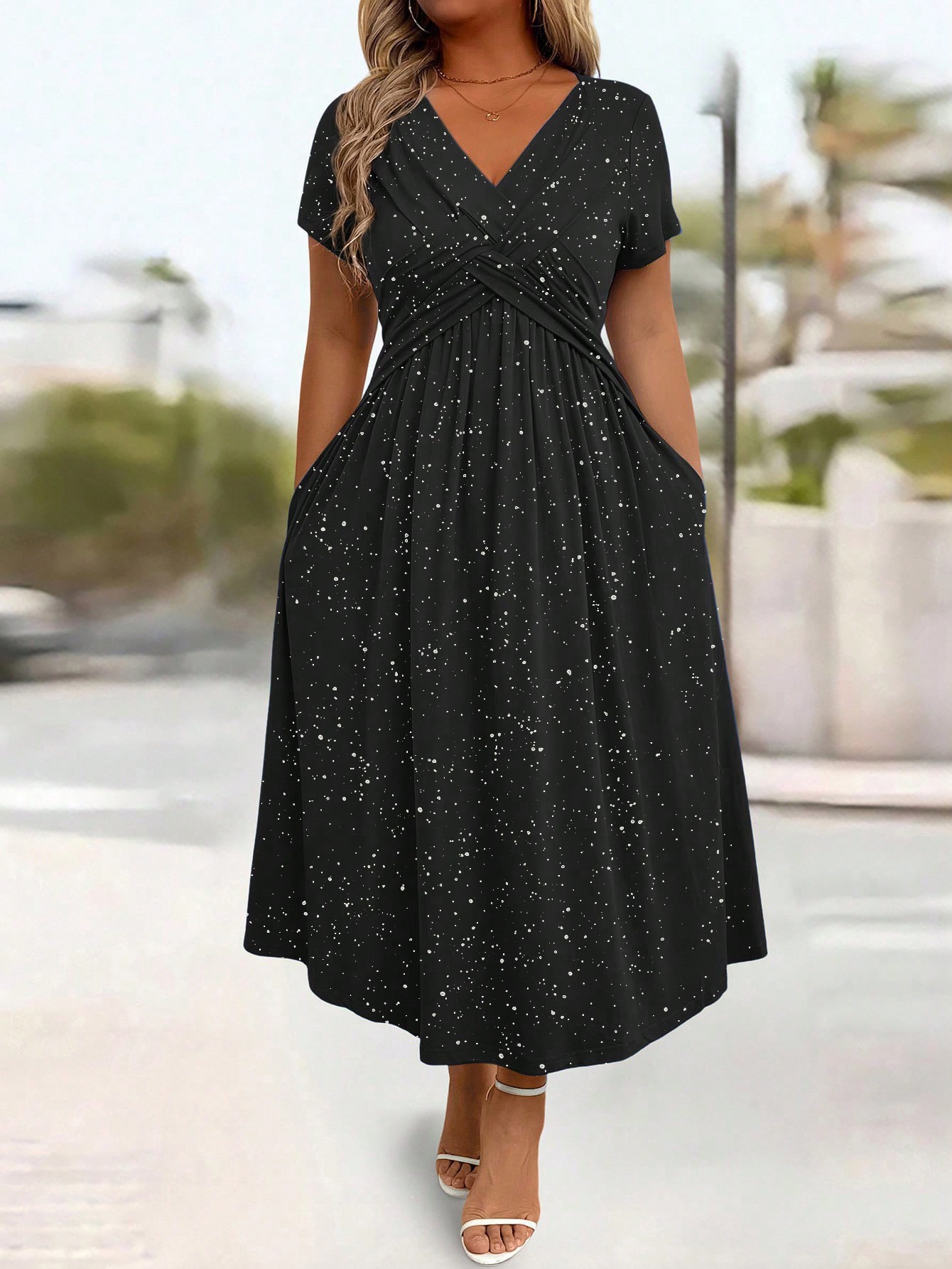Women's Plus Size Sparkly Maxi Dress Glitter V Neck Ruched Dresses with Pockets