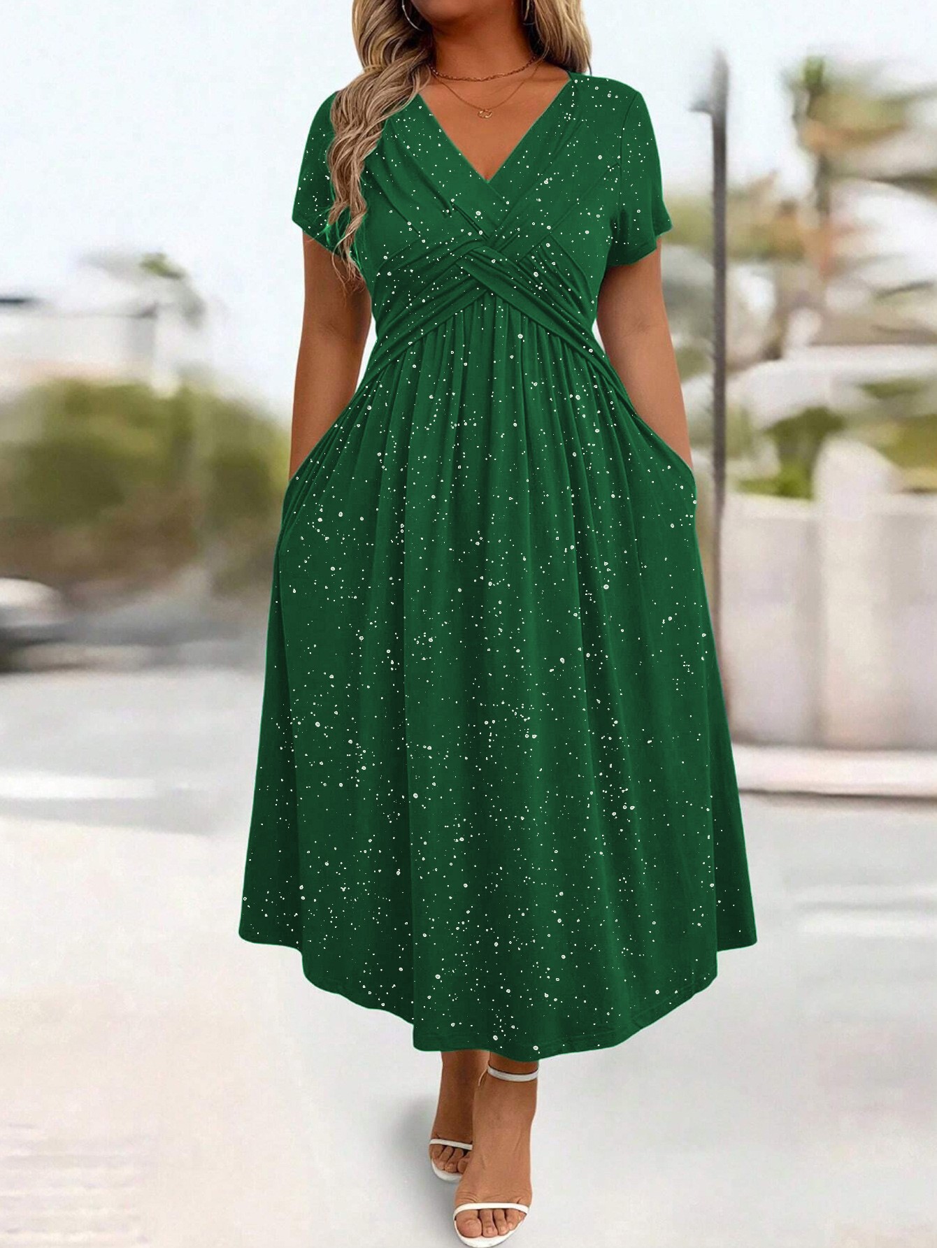 Women's Plus Size Sparkly Maxi Dress Glitter V Neck Ruched Dresses with Pockets