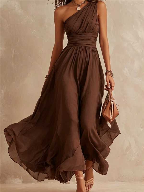 Elegant One-Shoulder Chiffon Maxi Dress – High-Waist Slim Fit Double-Layered Evening Dress