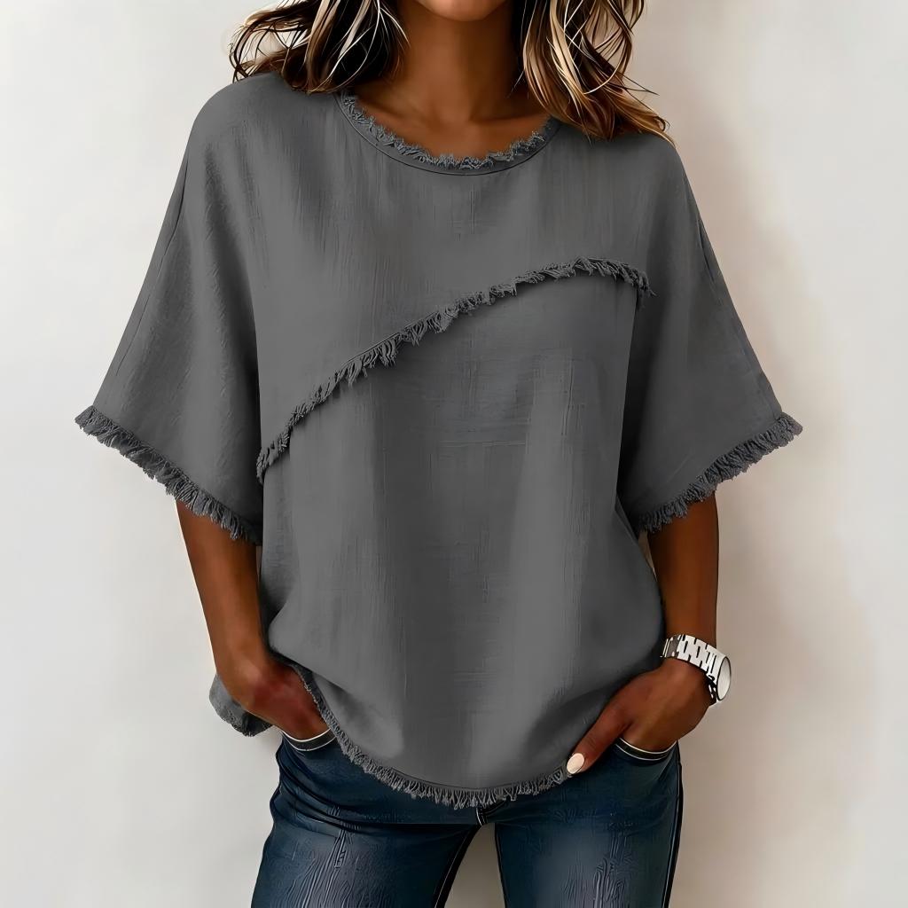 Women's Casual Linen Blend Blouse with Asymmetric Fringe Trim