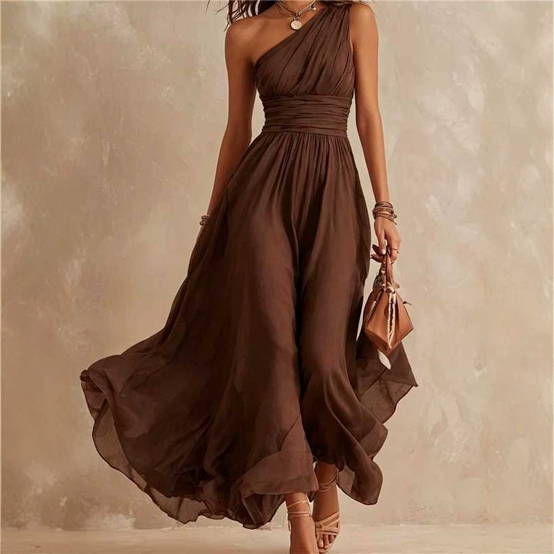 Elegant One-Shoulder Chiffon Maxi Dress – High-Waist Slim Fit Double-Layered Evening Dress