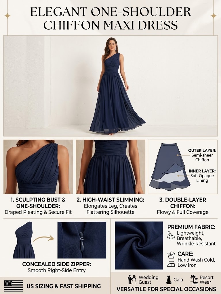 New Arrival🔥 Elegant One-Shoulder Chiffon Maxi Dress – High-Waist Slim Fit Double-Layered Evening Dress