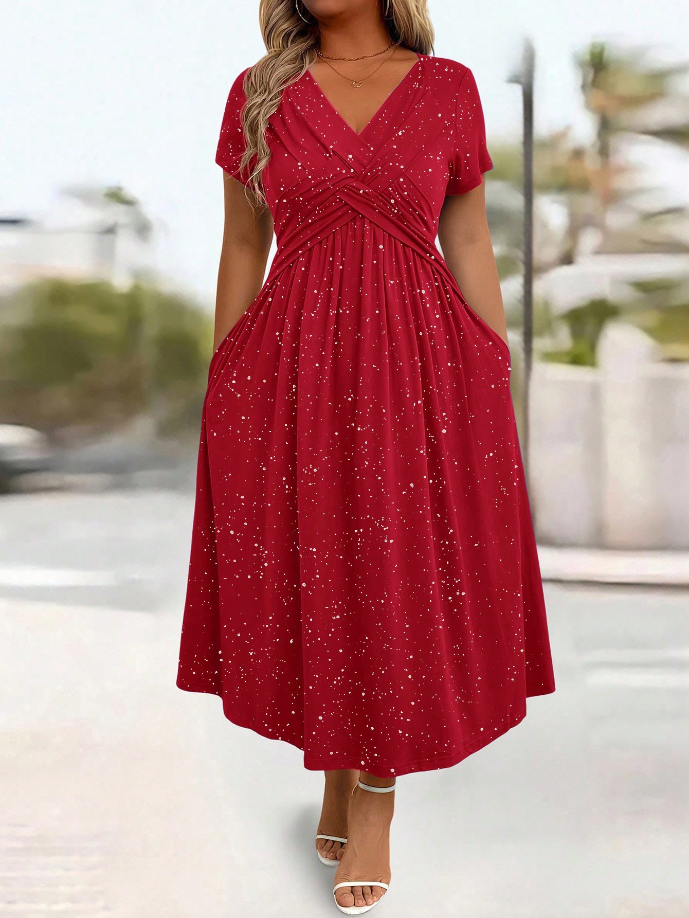 Women's Plus Size Sparkly Maxi Dress Glitter V Neck Ruched Dresses with Pockets