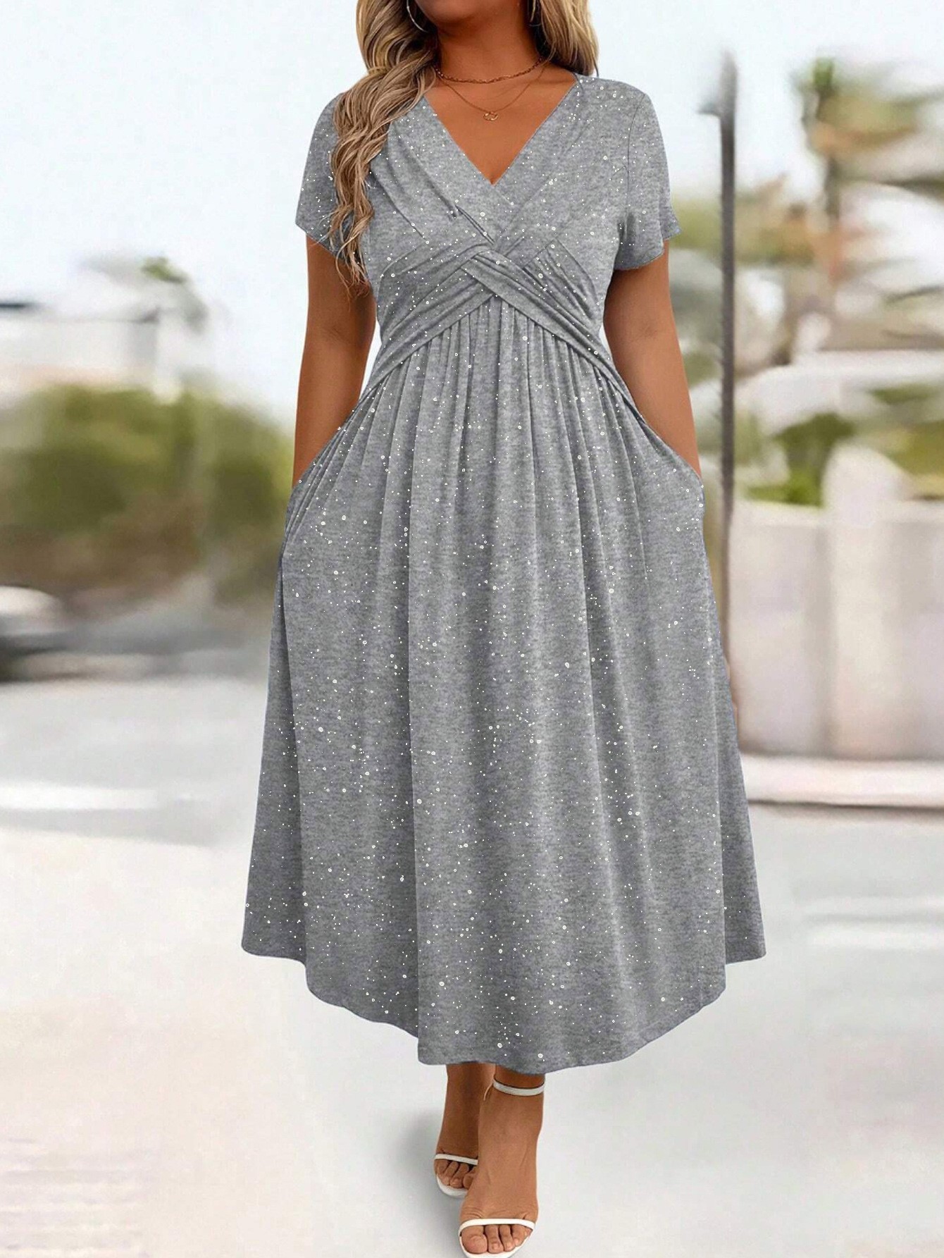 Women's Plus Size Sparkly Maxi Dress Glitter V Neck Ruched Dresses with Pockets