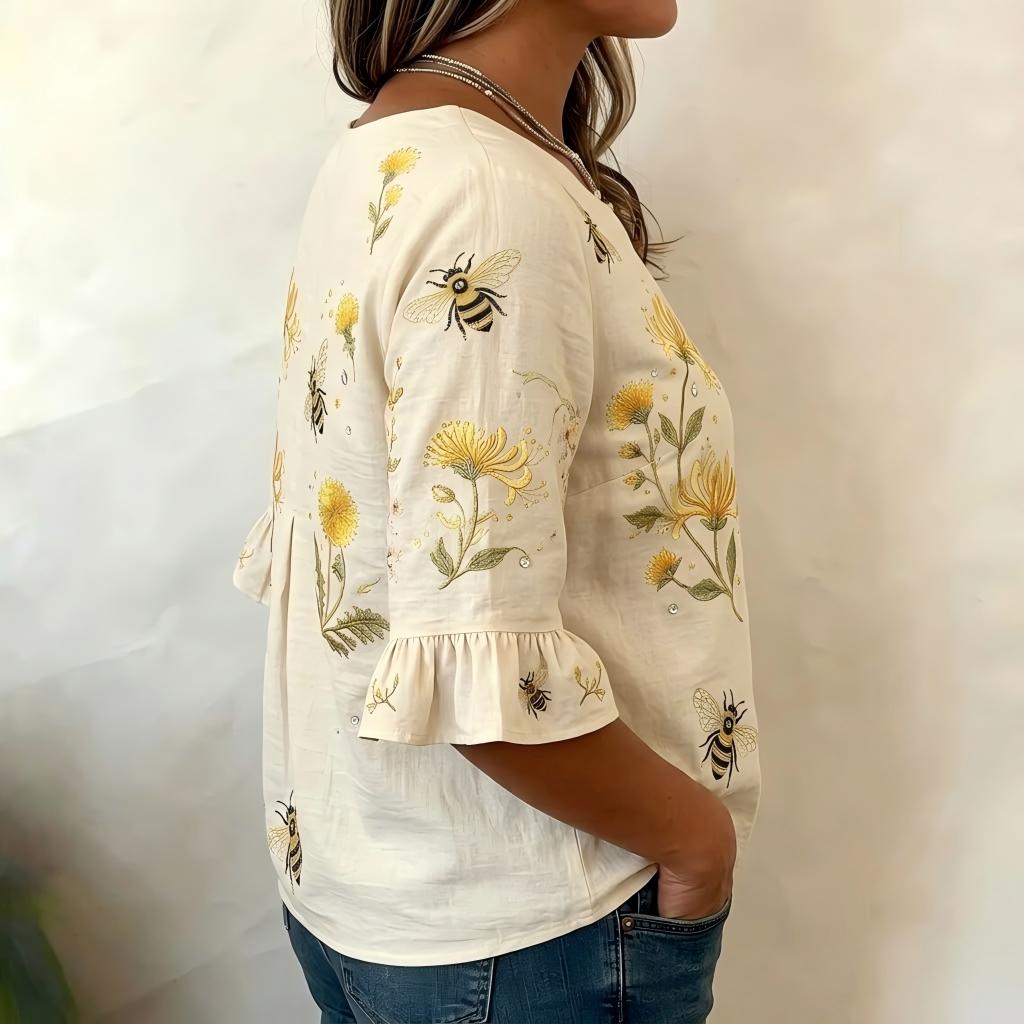 🔥Last Day 50% OFF 🌸🌿 Elegant Linen Bee & Dandelion Embroidered Blouse (✨2026 Limited Edition)