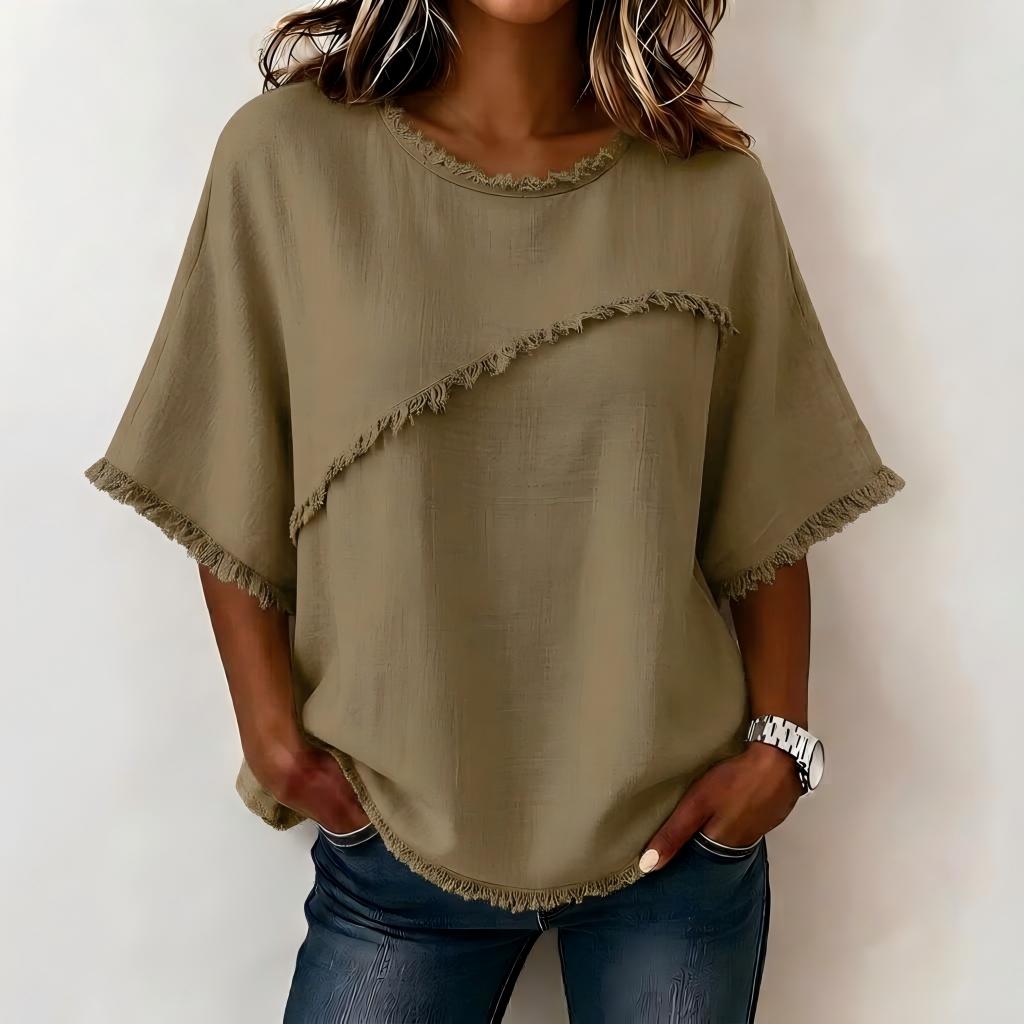 Women's Casual Linen Blend Blouse with Asymmetric Fringe Trim