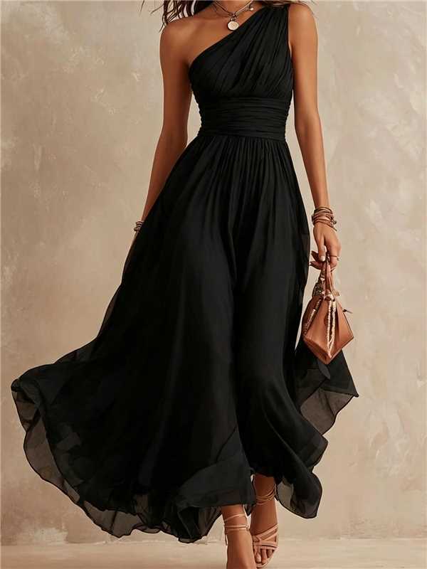 Elegant One-Shoulder Chiffon Maxi Dress – High-Waist Slim Fit Double-Layered Evening Dress