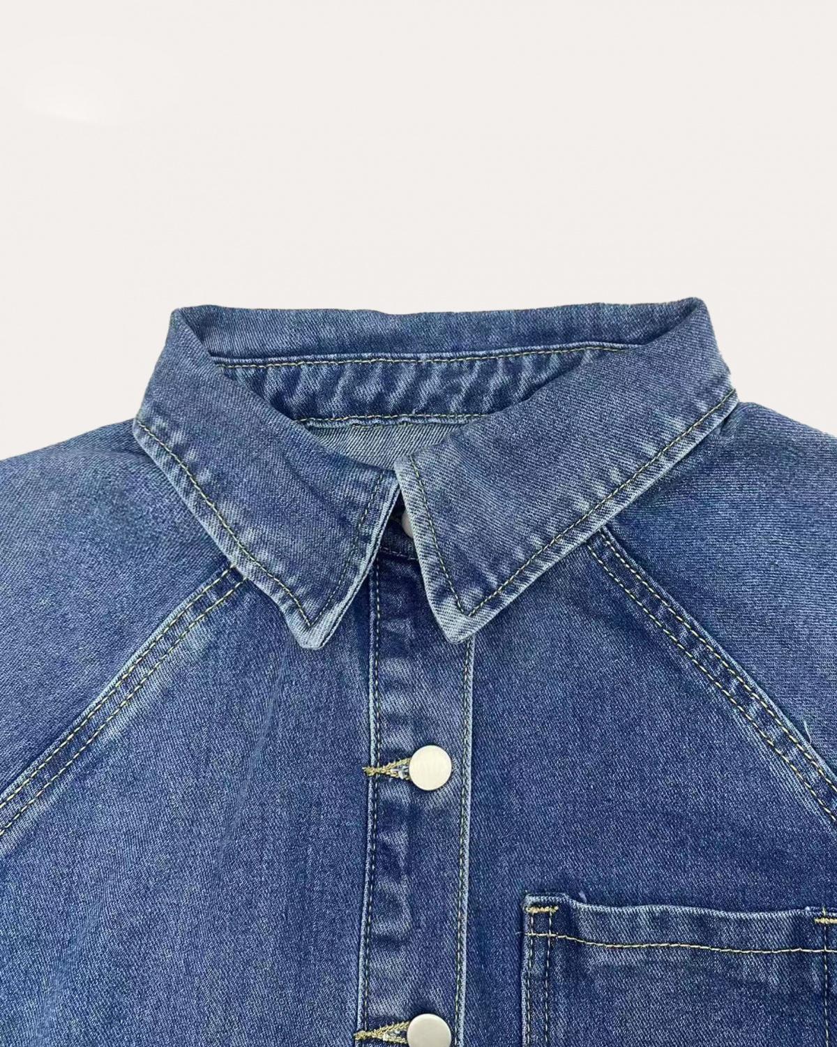 Gray Buttoned Long Sleeve Denim Mini Dress