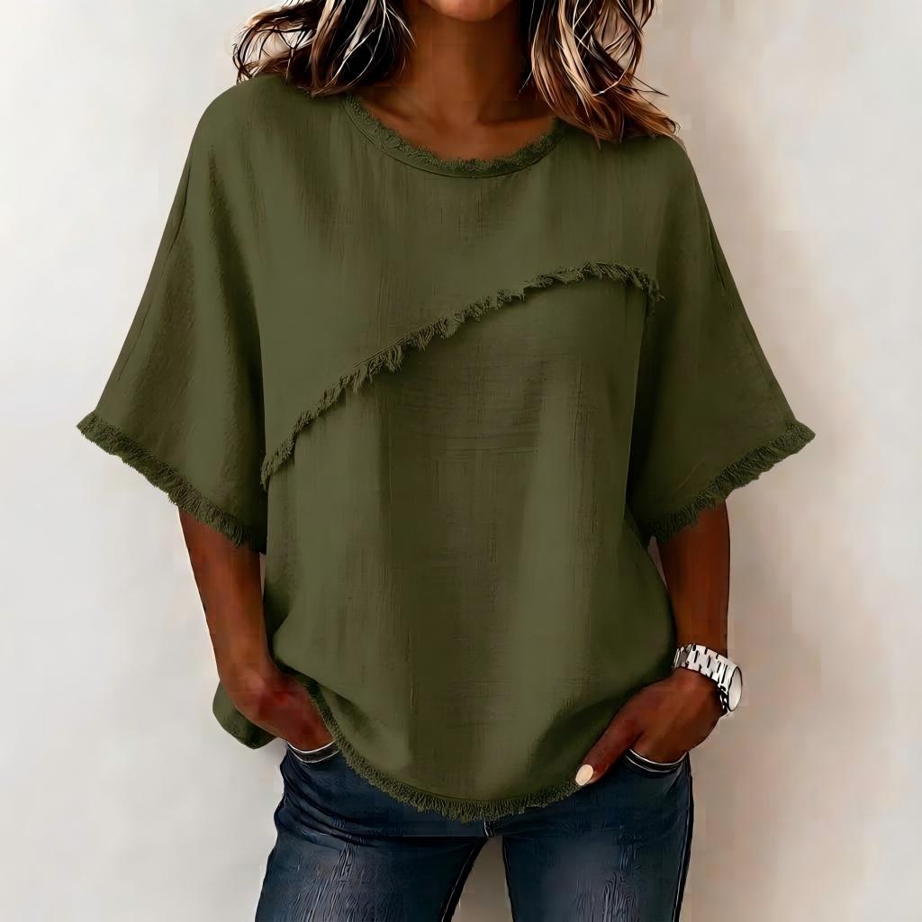 Women's Casual Linen Blend Blouse with Asymmetric Fringe Trim