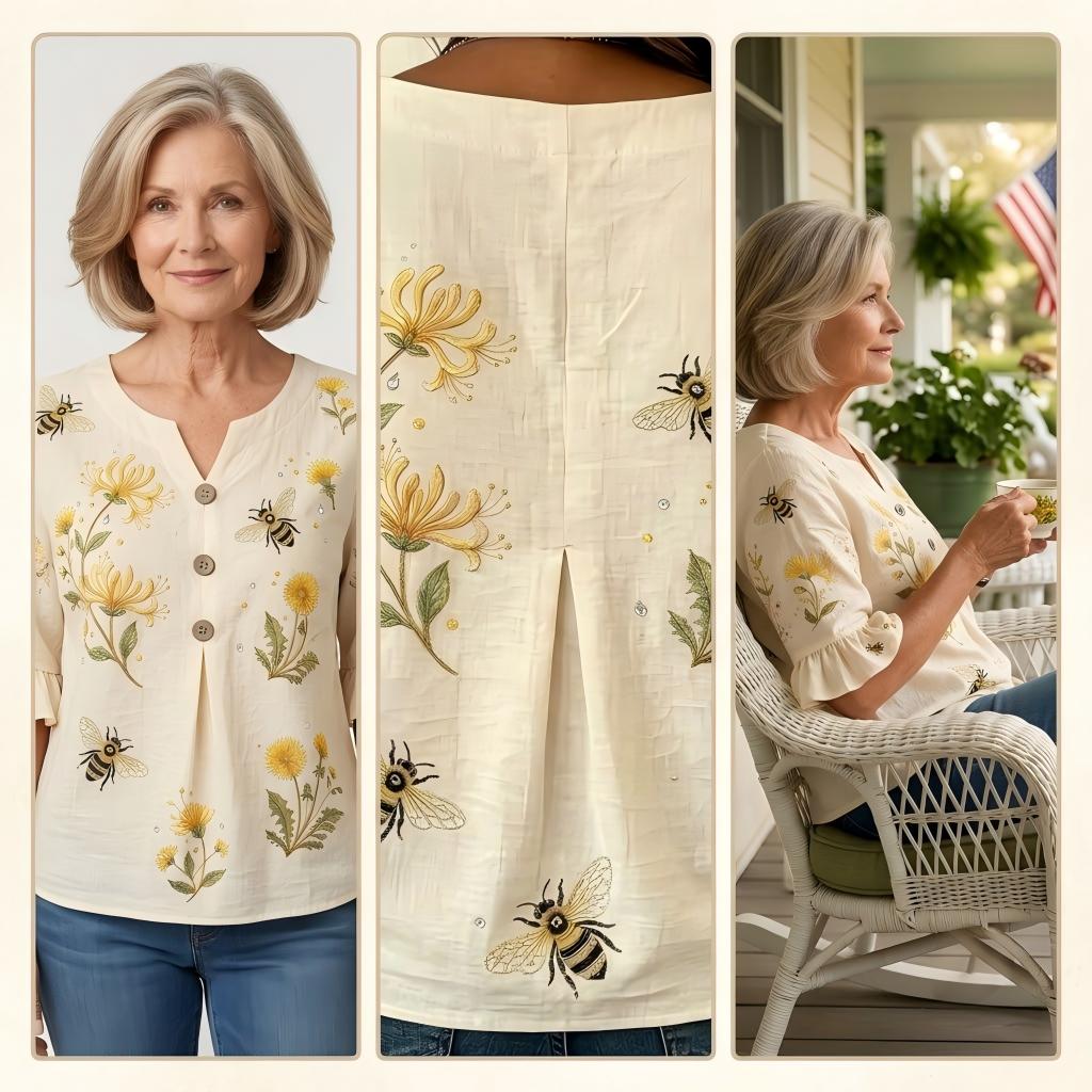 🔥Last Day 50% OFF 🌸🌿 Elegant Linen Bee & Dandelion Embroidered Blouse (✨2026 Limited Edition)
