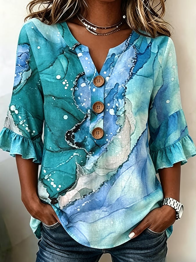 Women'S Casual Printed Top With Ruffle Sleeves
