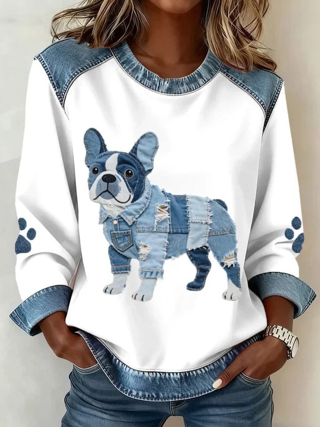 Women’s Denim Color Block Animal Print Crewneck Sweatshirt