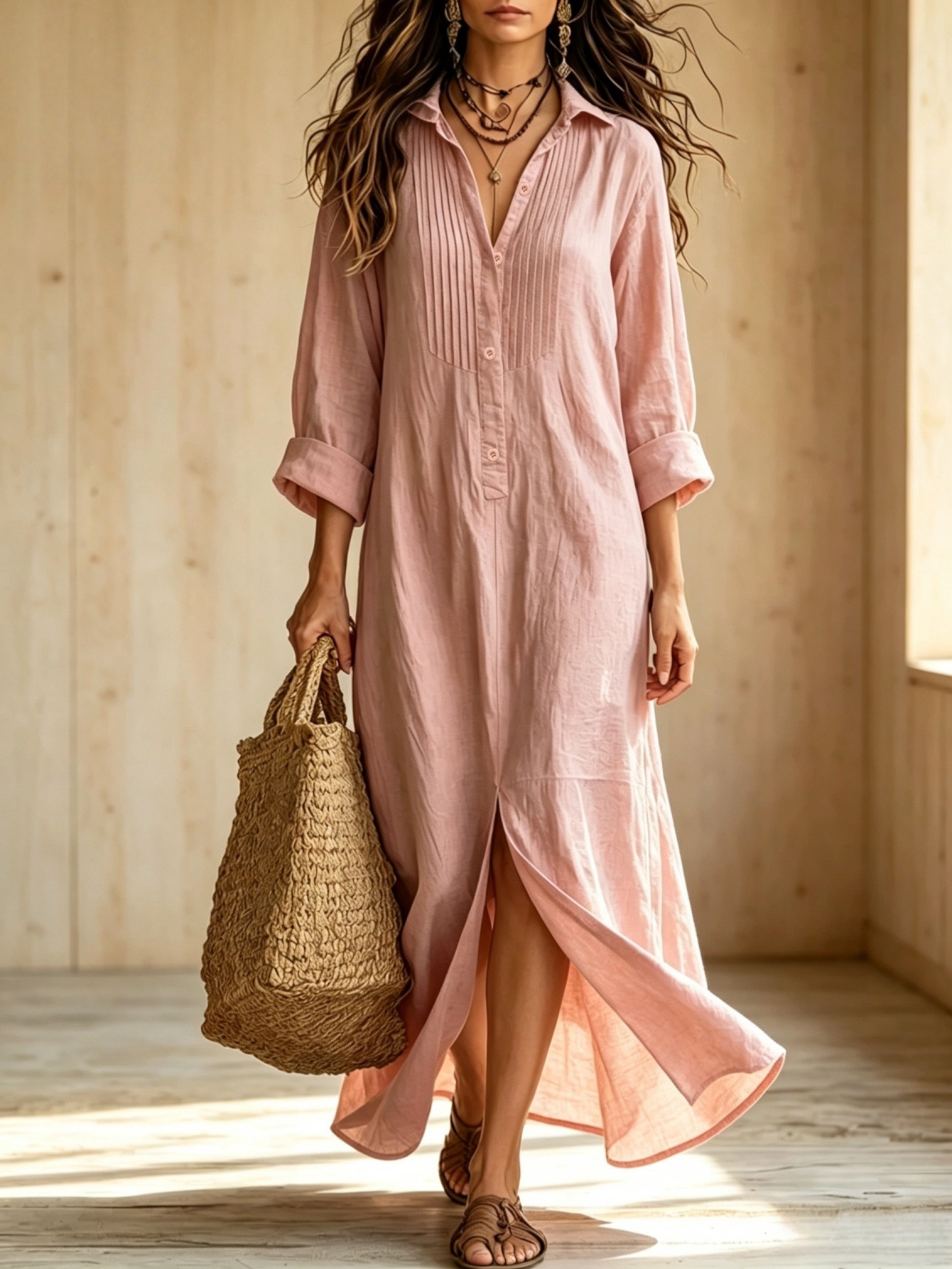 Effortless Chic: Women's Pure Cotton Pintuck Shirt Maxi Dress