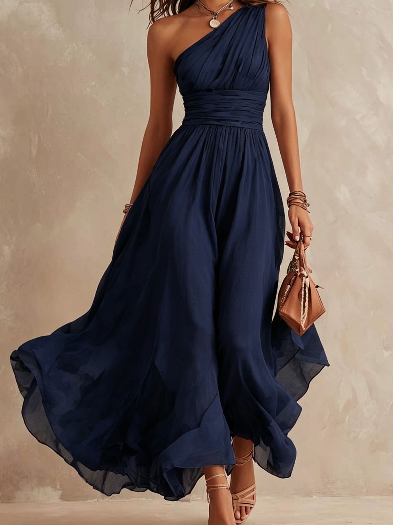 Elegant One-Shoulder Chiffon Maxi Dress – High-Waist Slim Fit Double-Layered Evening Dress