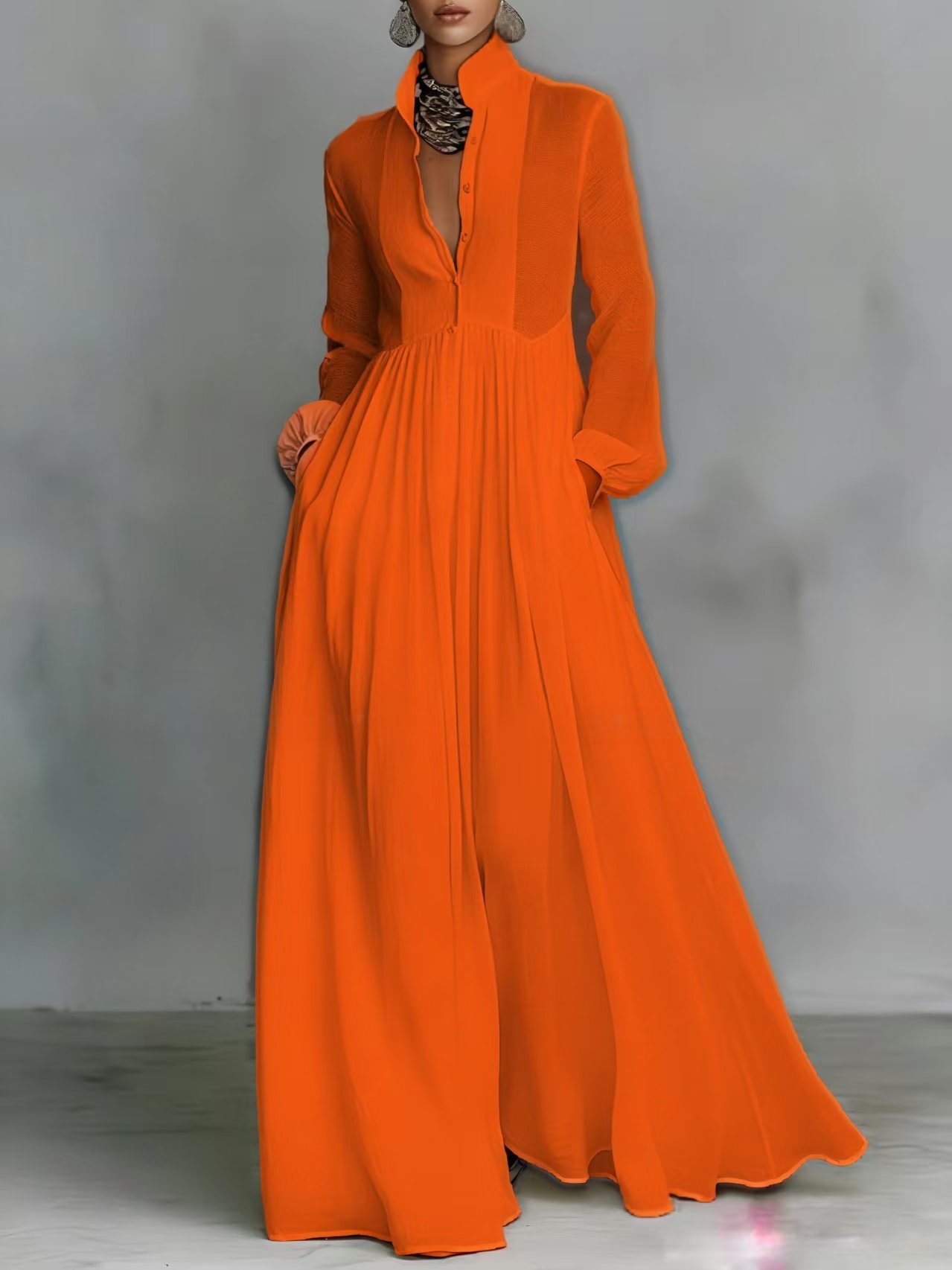 Veronica | Cotton Linen Maxi Dress with High Collar