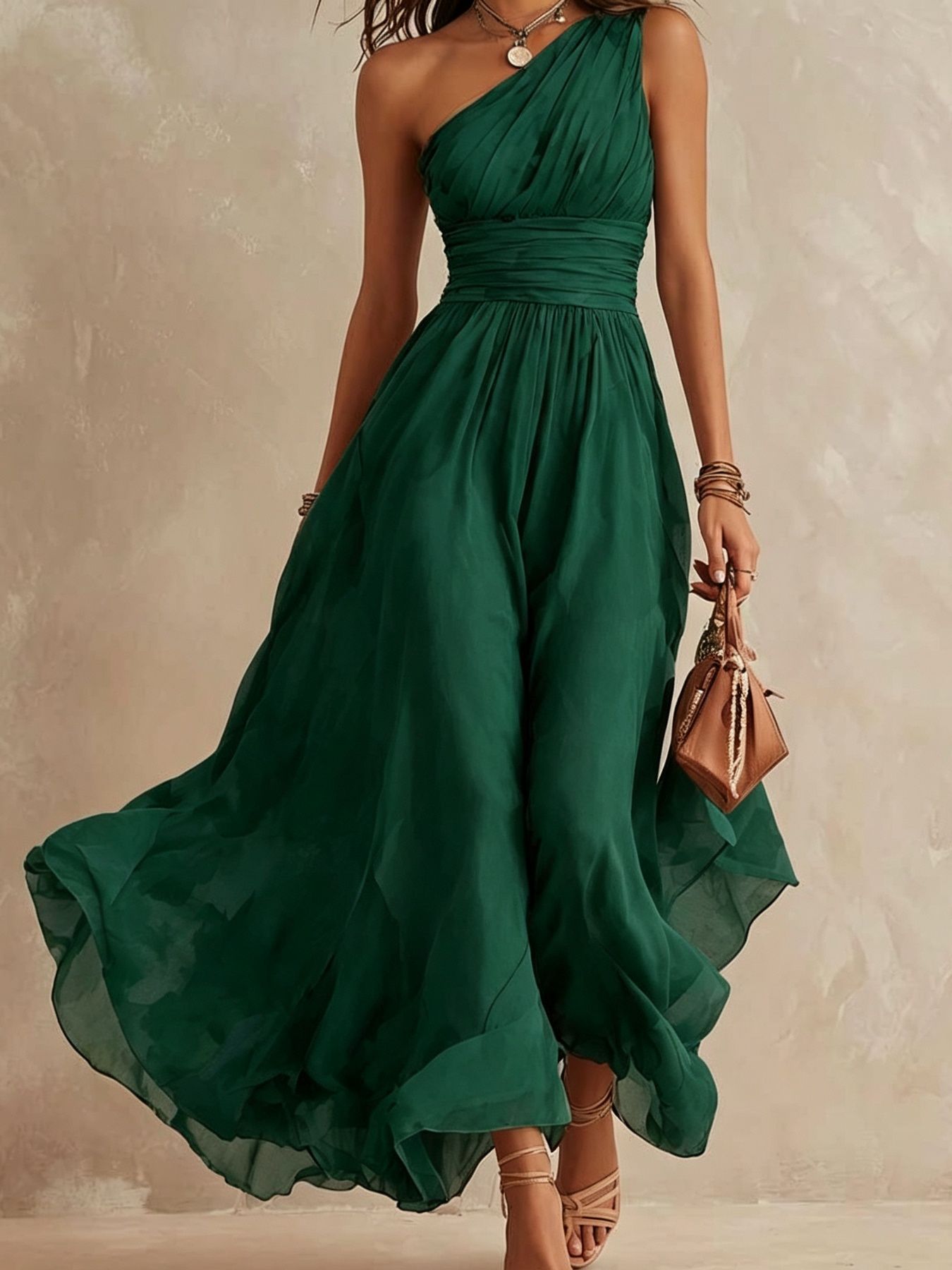 Elegant One-Shoulder Chiffon Maxi Dress – High-Waist Slim Fit Double-Layered Evening Dress