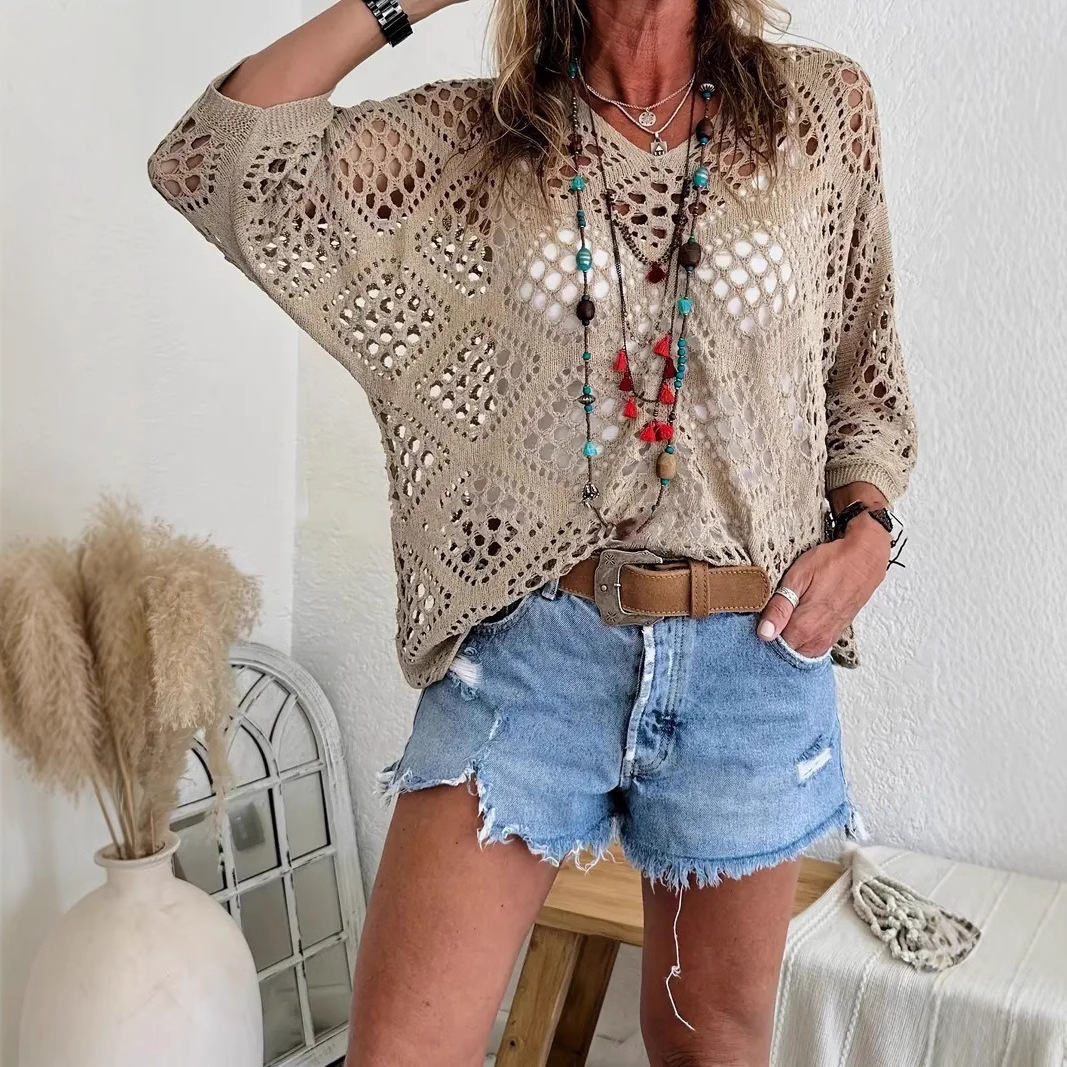 Spring And Summer V-Neck Rhombus Hollow Bat Sleeves Women'S Sweater Blouse Knitted Women'S Clothing