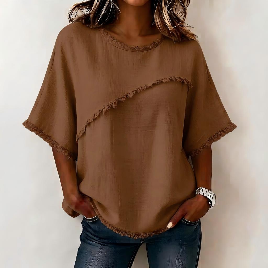 Women's Casual Linen Blend Blouse with Asymmetric Fringe Trim