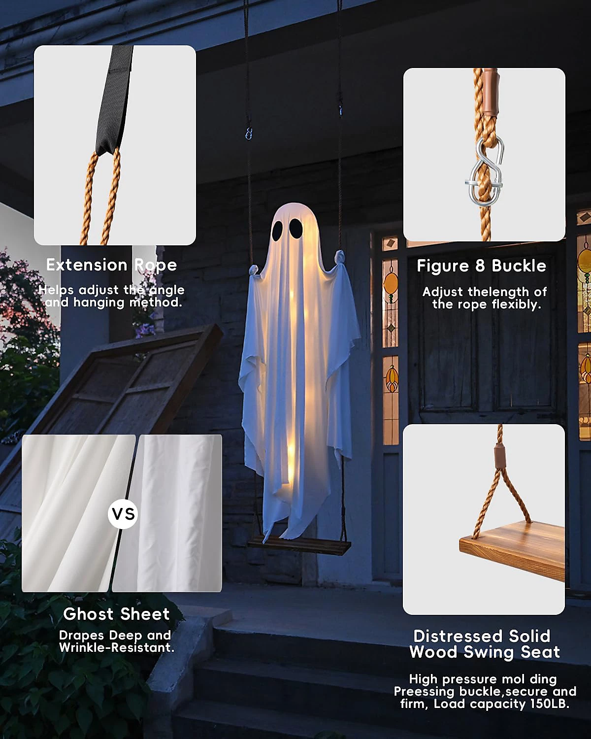 LinkCute 5FT Giant Hanging Swing Ghost Halloween Decoration with 8-Mode LED Lights & Adjustable Rope for Outdoor Porch & Garden