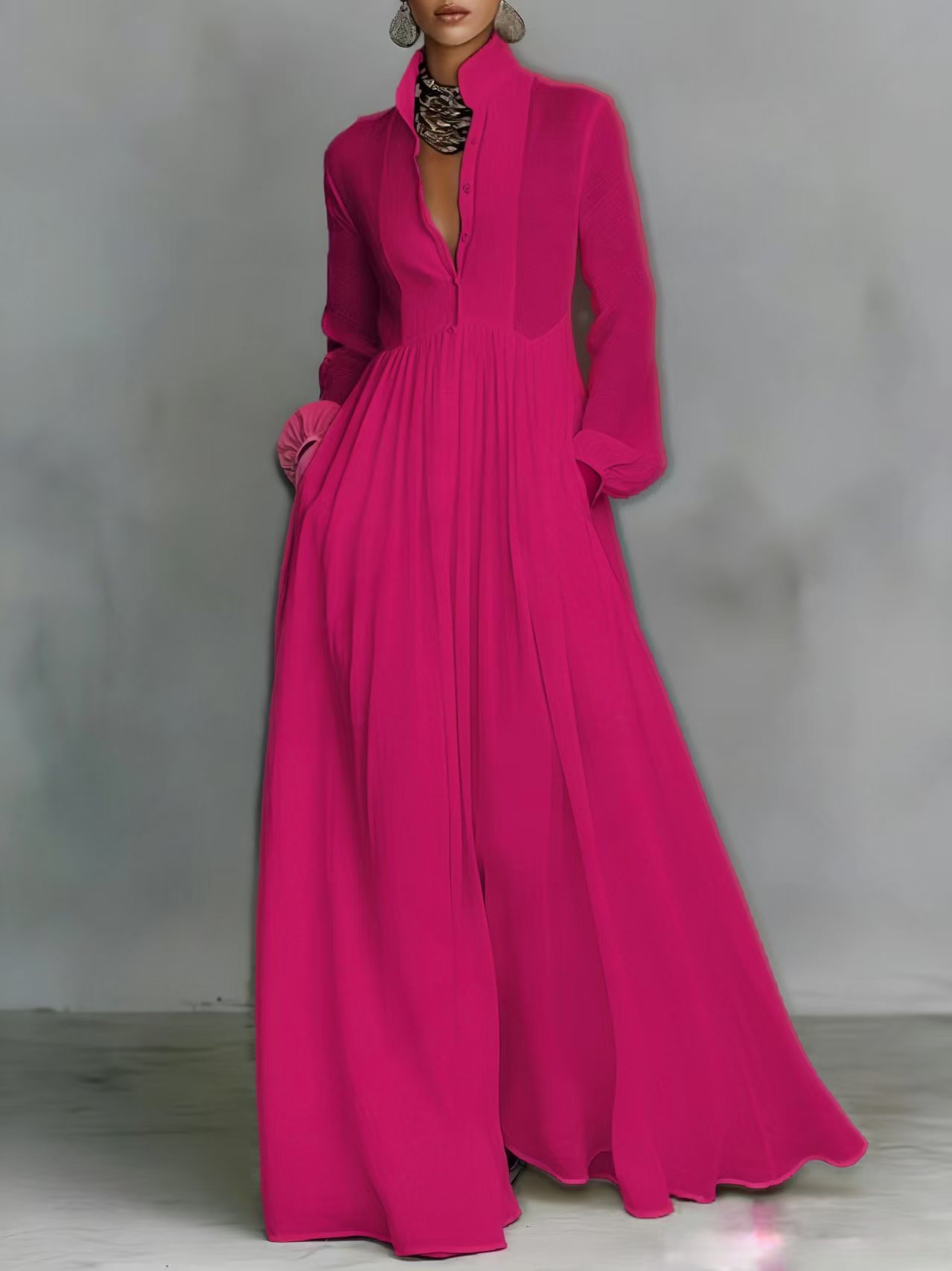 Veronica | Cotton Linen Maxi Dress with High Collar