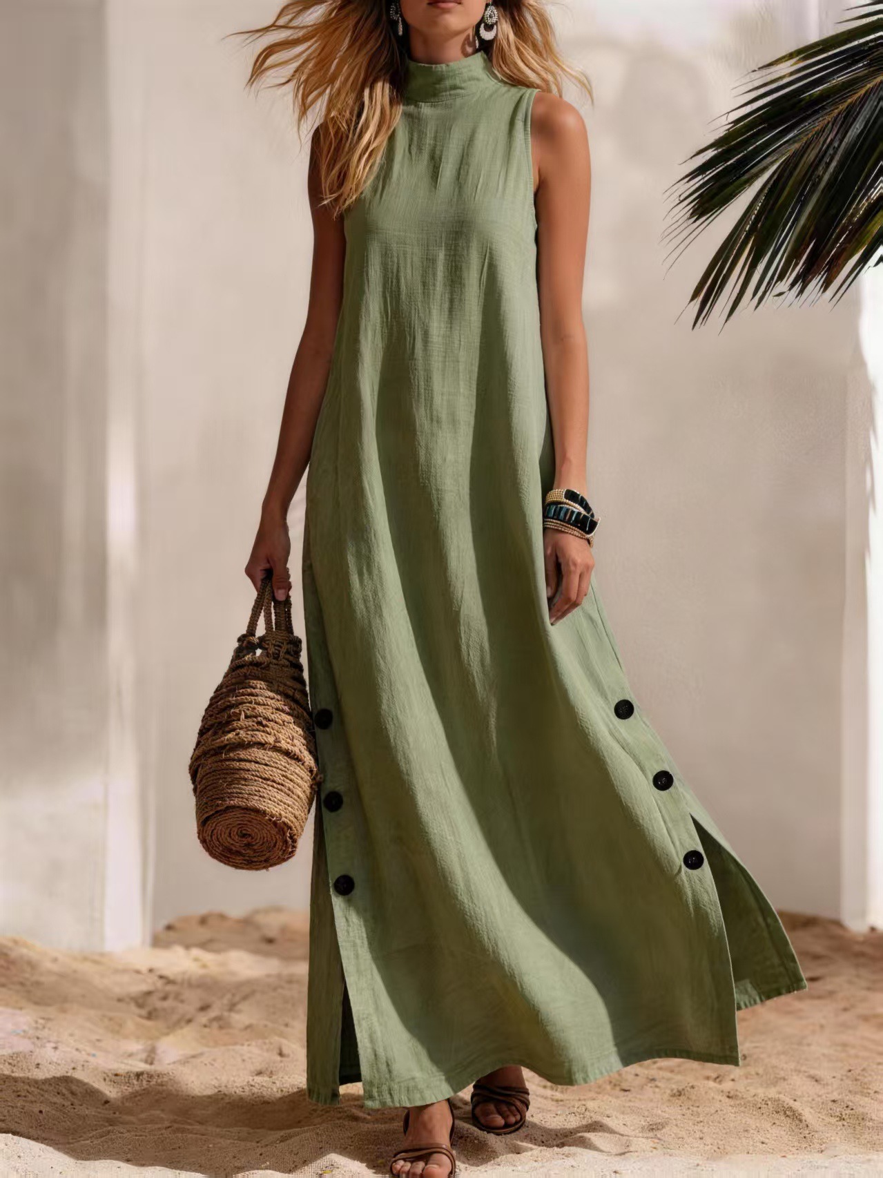 New Arrivals🔥 Women'S Seaside Resort Style Casual Solid Color Cotton And Linen Sleeveless Side Slit Mid-Length Jumpsuit