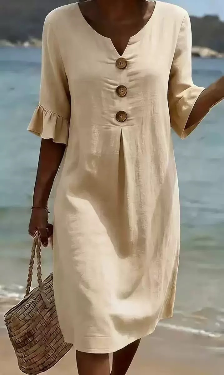 Summer New Cotton And Linen V-Neck Large Button Ruffle Sleeve Design Dress For Women