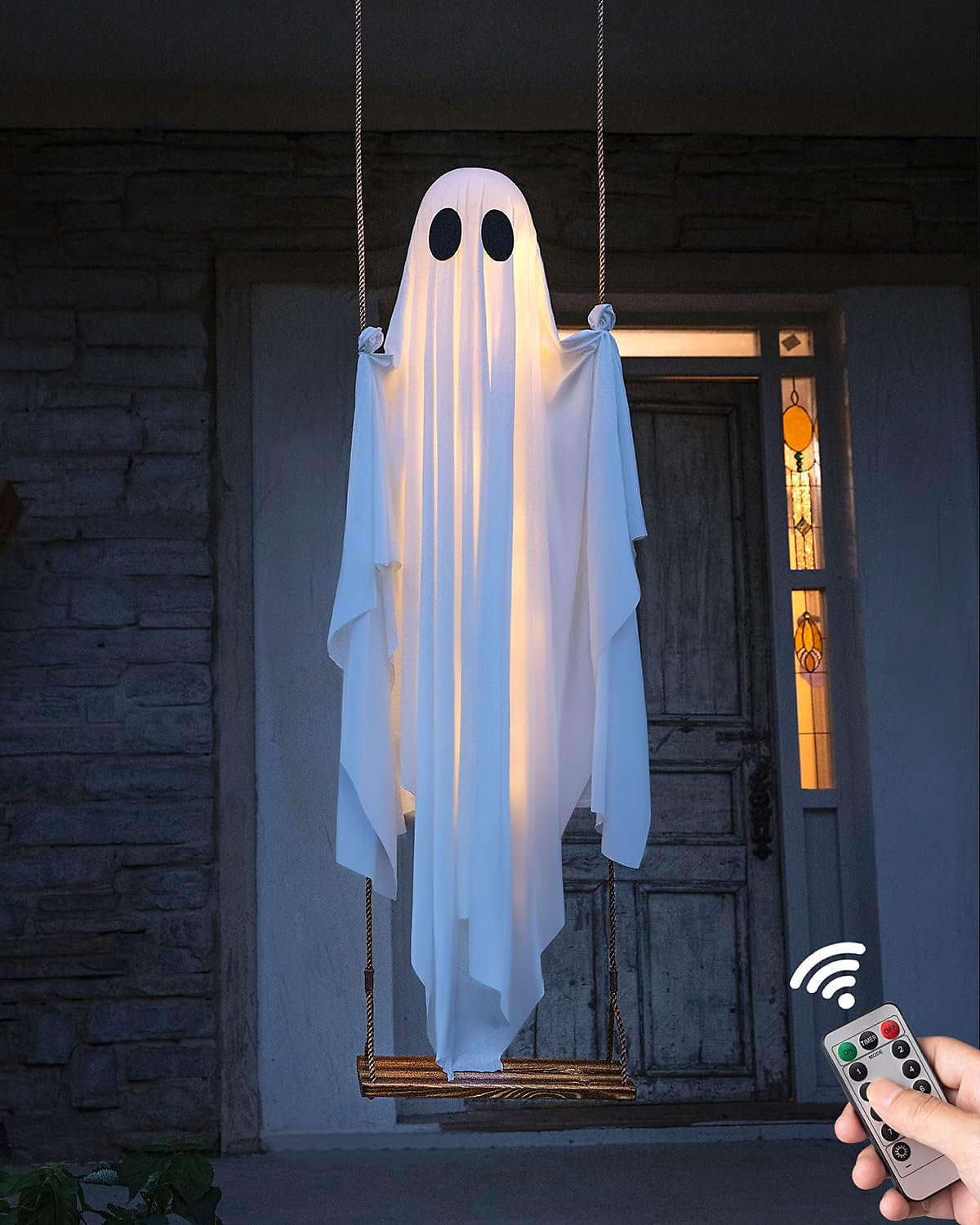 LinkCute 5FT Giant Hanging Swing Ghost Halloween Decoration with 8-Mode LED Lights & Adjustable Rope for Outdoor Porch & Garden