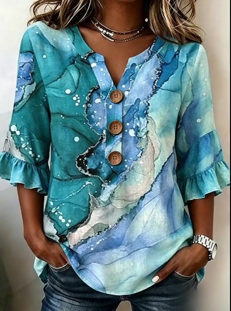 Women'S Casual Printed Top With Ruffle Sleeves