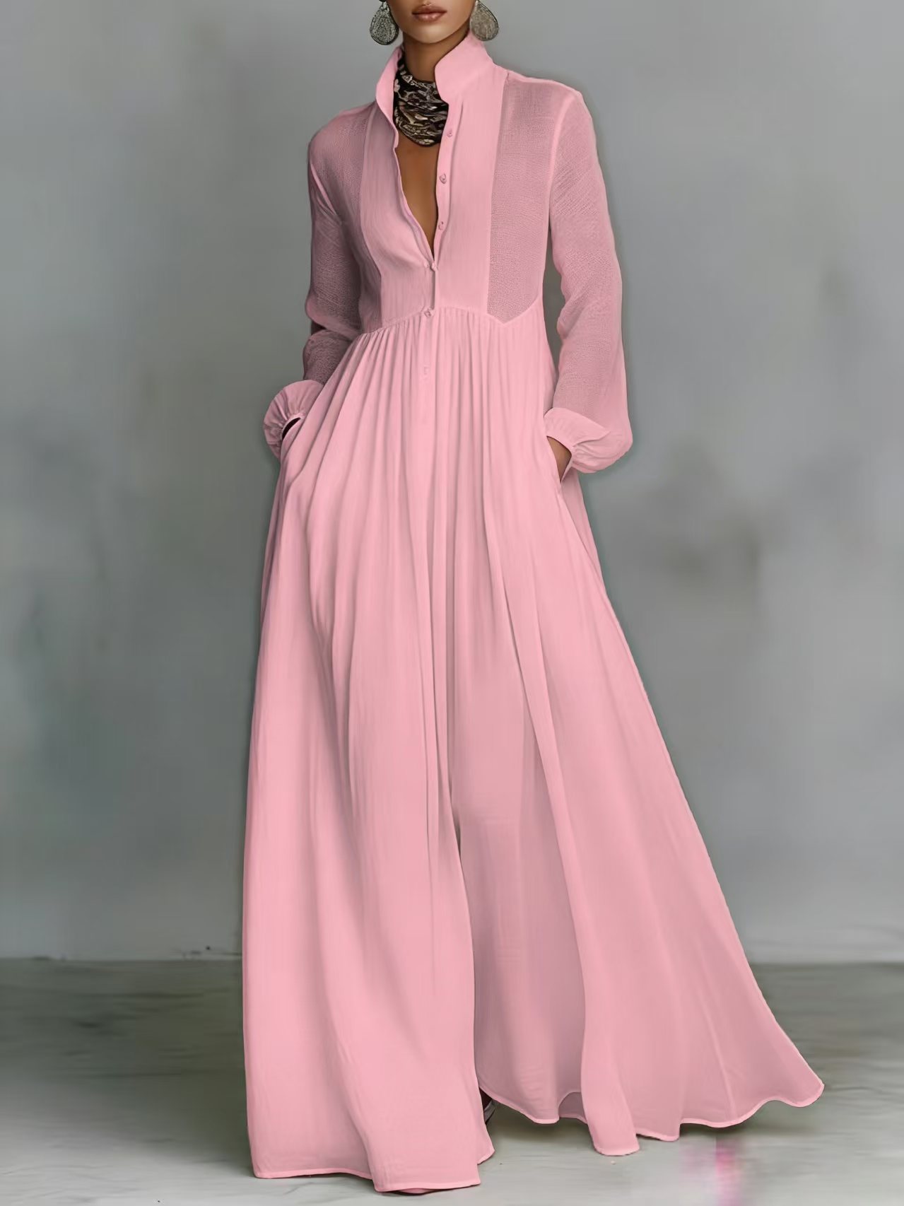 Veronica | Cotton Linen Maxi Dress with High Collar