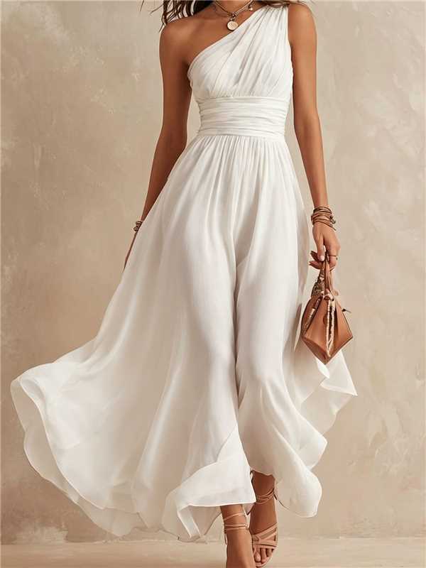 Elegant One-Shoulder Chiffon Maxi Dress – High-Waist Slim Fit Double-Layered Evening Dress