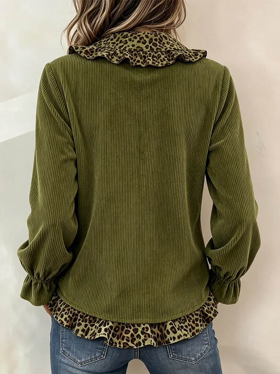Chic Leopard-Trim Corduroy Blouse
