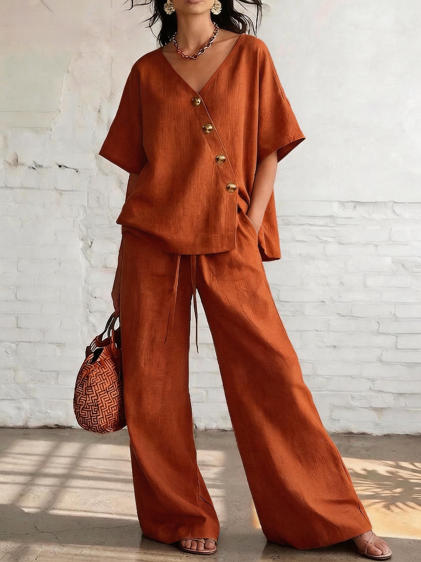2026 New European And American Independent Station Summer Leisure Vacation Loose Cotton And Linen V-Neck Wide-Leg Pants Two-Piece Set