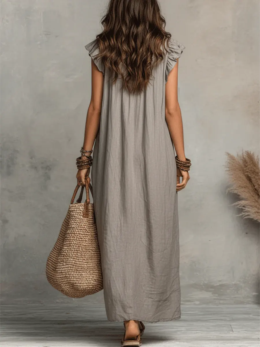 Women's Solid Color Ruffled Art Casual Fashion Cozy Cotton Linen Dress