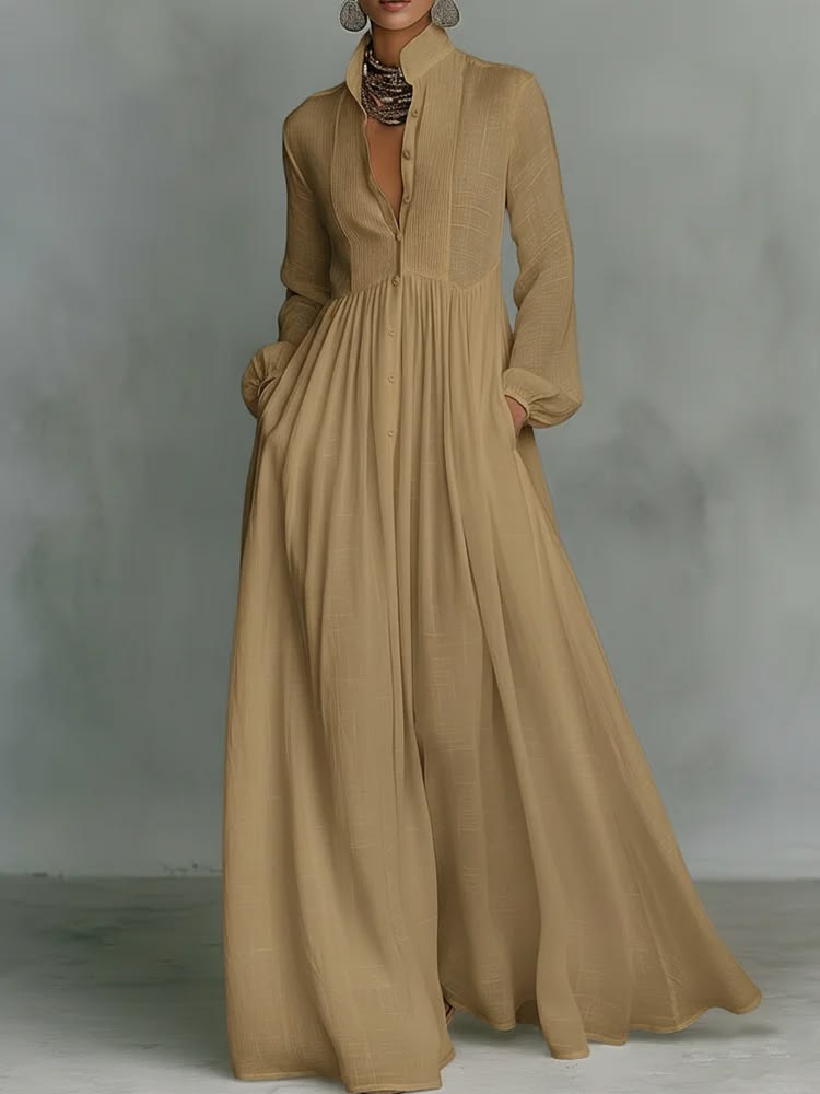 Veronica | Cotton Linen Maxi Dress with High Collar