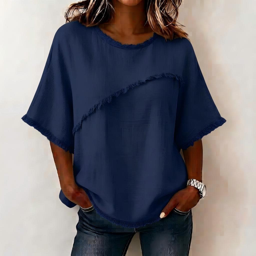 Women's Casual Linen Blend Blouse with Asymmetric Fringe Trim