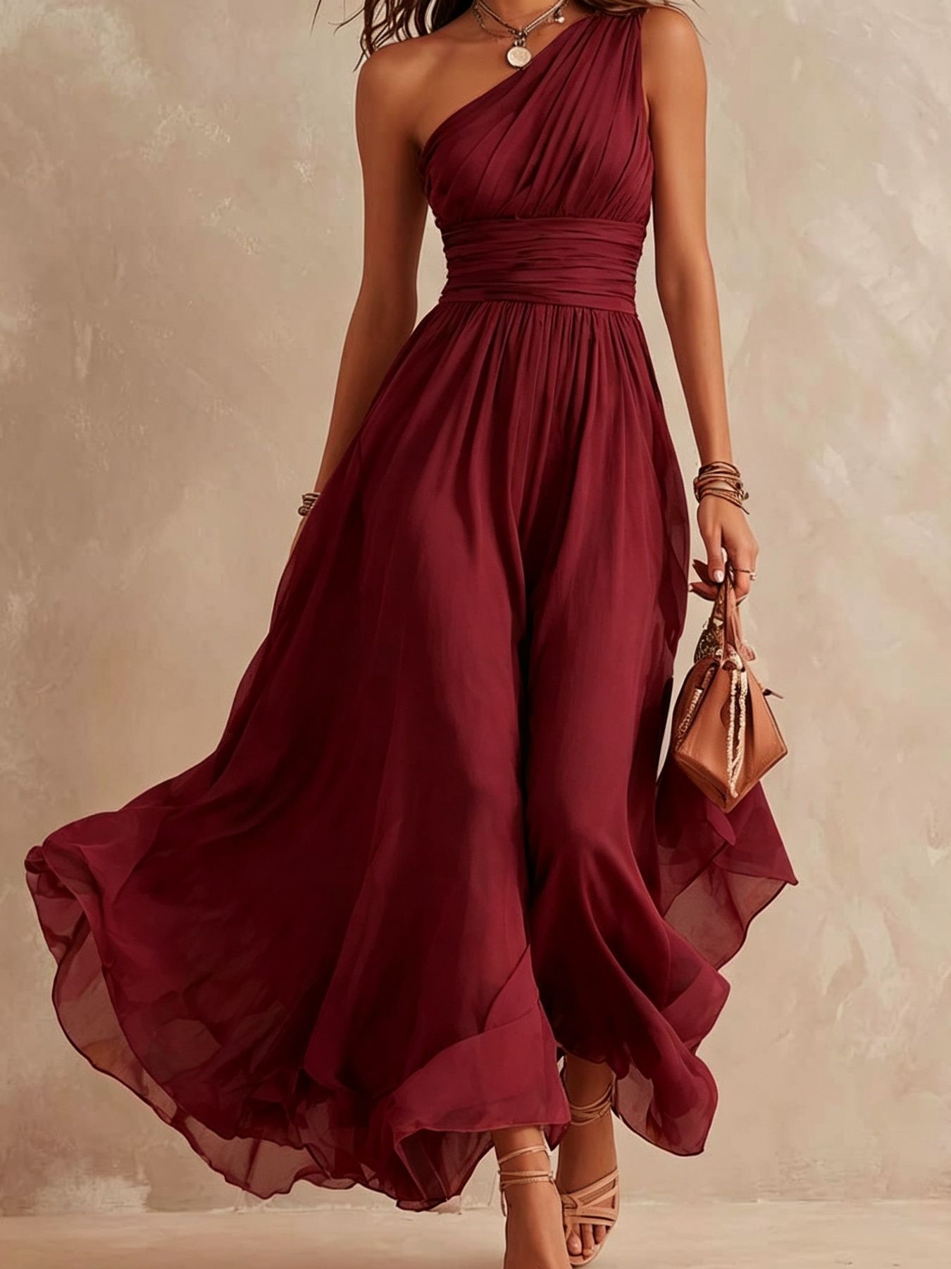 Elegant One-Shoulder Chiffon Maxi Dress – High-Waist Slim Fit Double-Layered Evening Dress