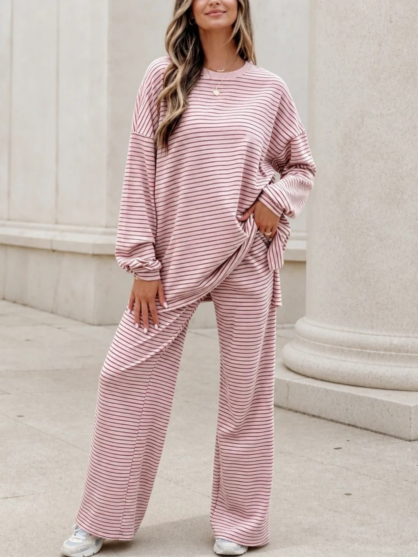 🤍 Women’s Casual Striped Two-Piece Set Long Sleeve Top & Wide Leg Pants Loungewear